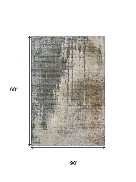 5' X 8' Beige Gray And Brown Abstract Washable Area Rug With UV Protection