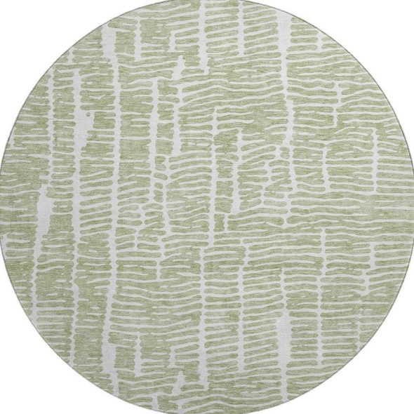 8' Artichoke Green And Ivory Vermicular Washable Round Rug With UV Protection