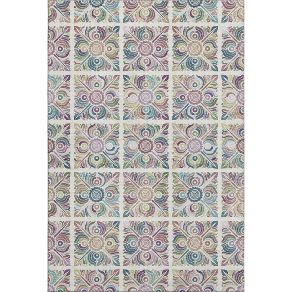 10' X 14' Ivory Purple And Teal Medallion Washable Area Rug With UV Protection