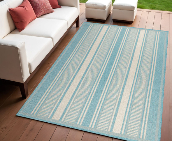 4' X 6' Aqua And Beige Striped Indoor Outdoor Area Rug