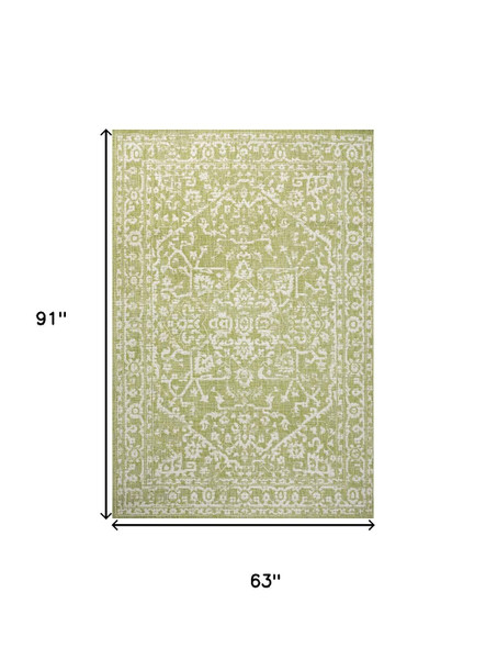 5' X 8' Green And Cream Medallion Indoor Outdoor Area Rug