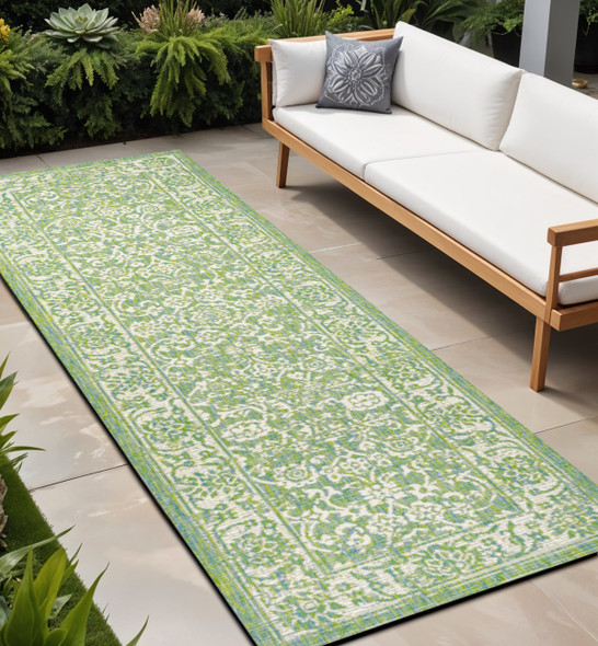10' Cream And Green Medallion Indoor Outdoor Runner Rug
