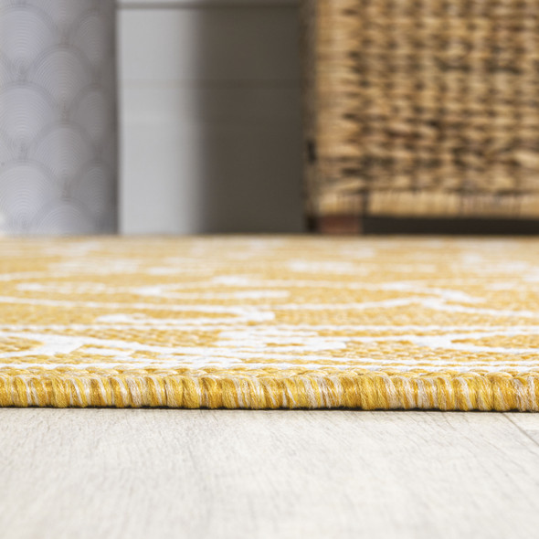8' Yellow And Cream Medallion Indoor Outdoor Runner Rug
