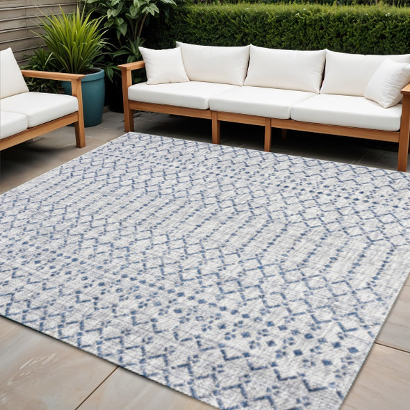 9' Light Gray And Navy Blue Square Trellis Indoor Outdoor Area Rug