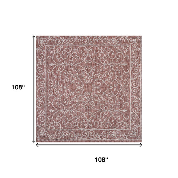 9' Red And Beige Square Medallion Indoor Outdoor Area Rug