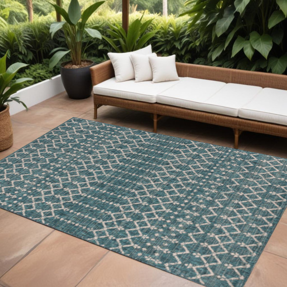 6' X 9' Teal Blue And Gray Trellis Indoor Outdoor Area Rug