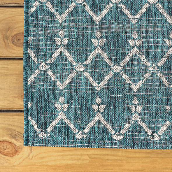 6' Teal Blue And Gray Round Trellis Indoor Outdoor Area Rug