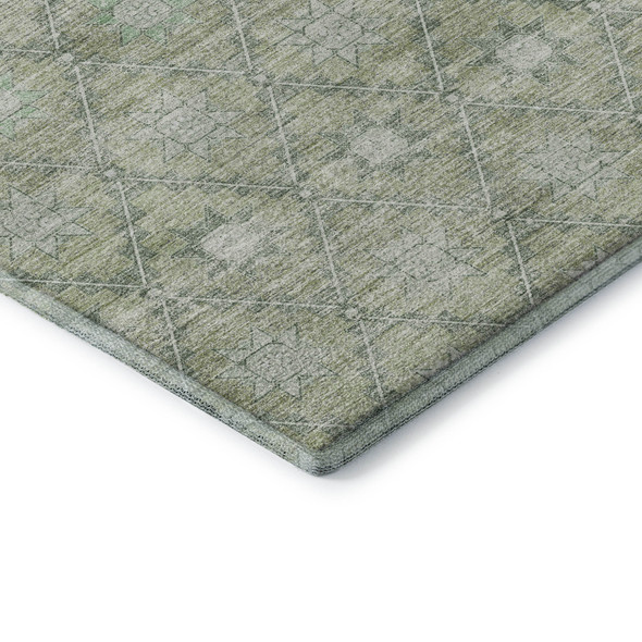 5' X 8' Artichoke Green And Beige Geometric Washable Area Rug With UV Protection