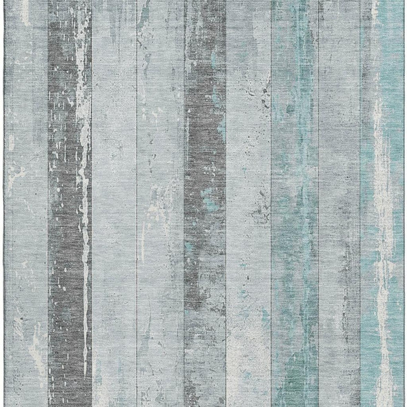 3' X 5' Pale Aqua And Gray Striped Washable Area Rug With UV Protection