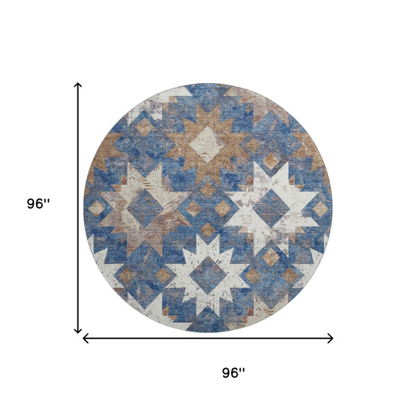 8' Blue Brown And Ivory Southwestern Washable Round Rug With UV Protection