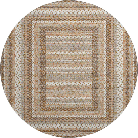 8' Chocolate Ivory And Beige Geometric Washable Round Rug With UV Protection
