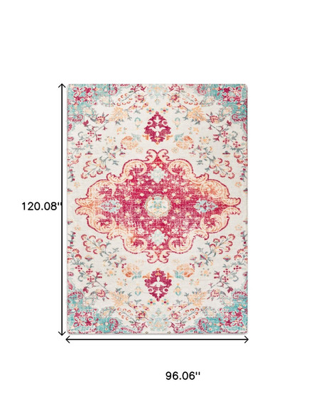 8' X 10' Pink Blue And Beige Medallion Distressed Area Rug