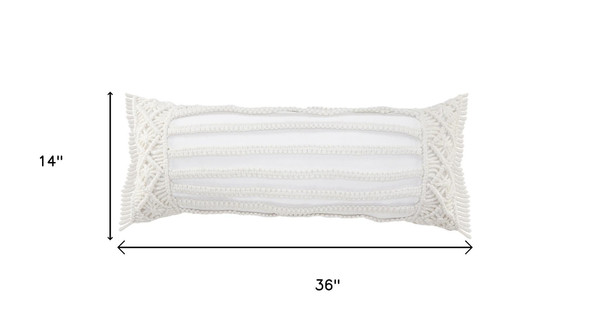 14" X 36" Ivory And White Lumbar Striped Throw Pillow Cover with Fringe And Texture