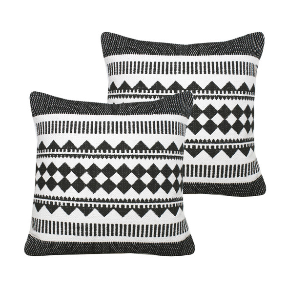 Set of Two 20" Black And White Geometric Cotton Blend Throw Pillows