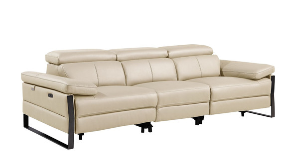 103" Beige Top Grain Leather Reclining Metal USB Sofa