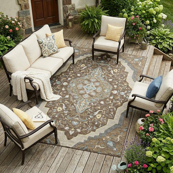 8' X 10' Brown And Beige Medallion Washable Indoor Outdoor Area Rug