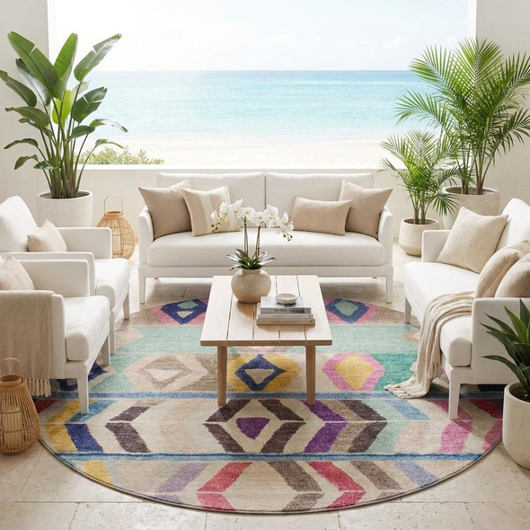 8' Pink And Blue Round Tribal Washable Indoor Outdoor Area Rug