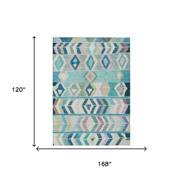10' X 14' Teal Blue And Turquoise Tribal Washable Indoor Outdoor Area Rug