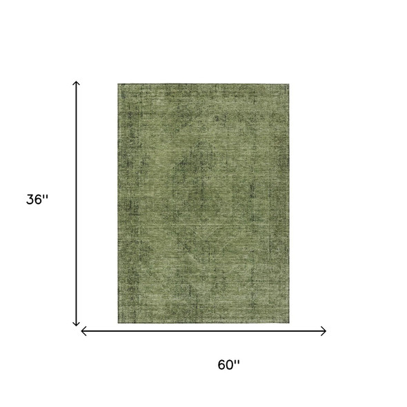 3' X 5' Olive Green And Green Oriental Washable Indoor Outdoor Area Rug