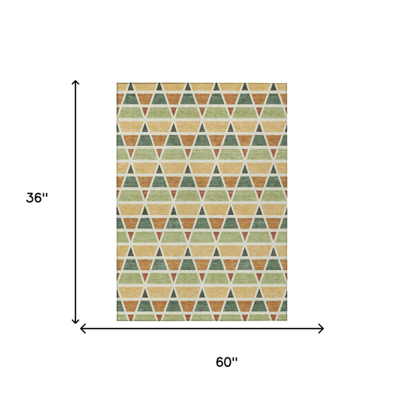 3' X 5' Fern Green And Green Geometric Washable Indoor Outdoor Area Rug
