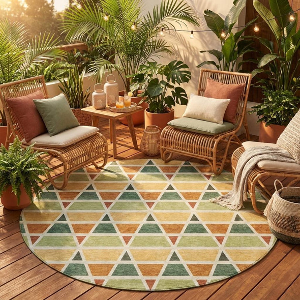 8' Fern Green And Green Round Geometric Washable Indoor Outdoor Area Rug