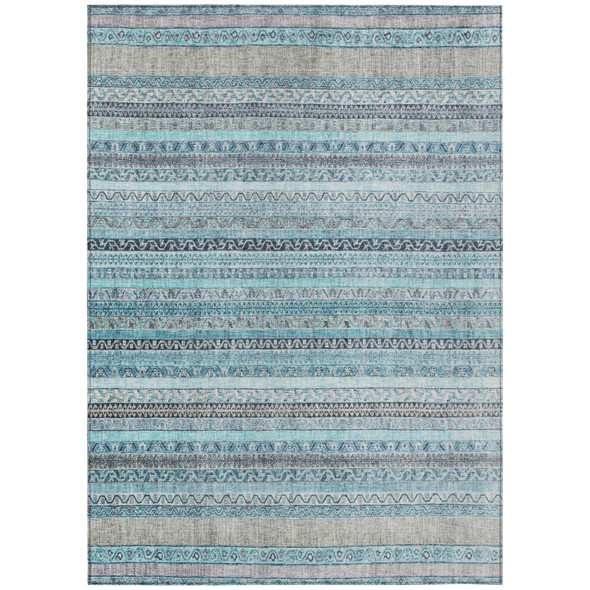 5' X 8' Turquoise And Teal Blue Striped Washable Indoor Outdoor Area Rug