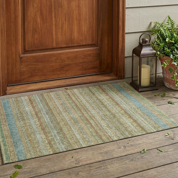3' X 5' Wheat And Gold Striped Washable Indoor Outdoor Area Rug