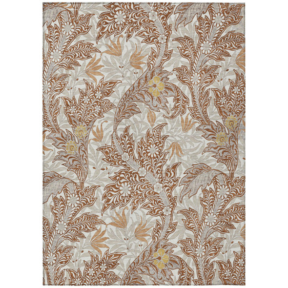 5' X 8' Orange And Khaki Botanical Leaves Washable Indoor Outdoor Area Rug