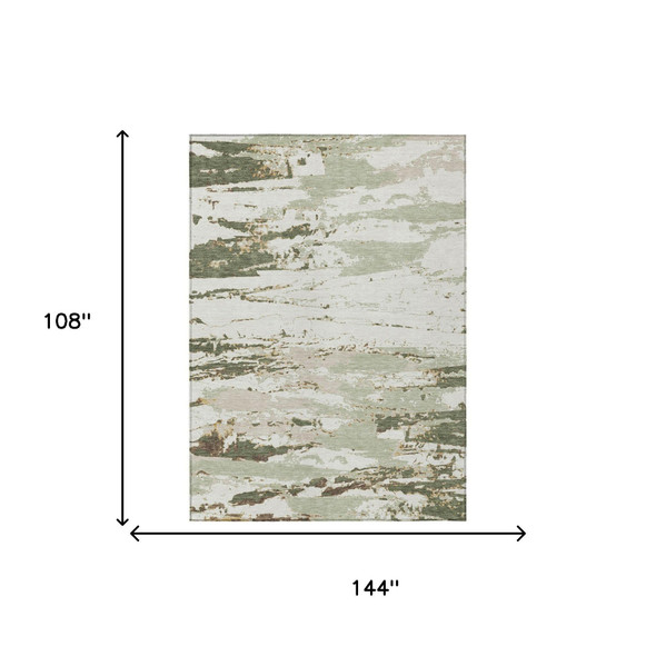 9' X 12' Green And Ivory Abstract Washable Indoor Outdoor Area Rug