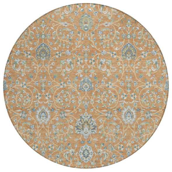 8' Copper And Orange Round Floral Washable Indoor Outdoor Area Rug
