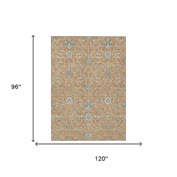 8' X 10' Copper And Orange Floral Washable Indoor Outdoor Area Rug