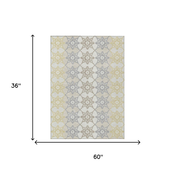3' X 5' Ivory And Silver Floral Medallion Washable Indoor Outdoor Area Rug