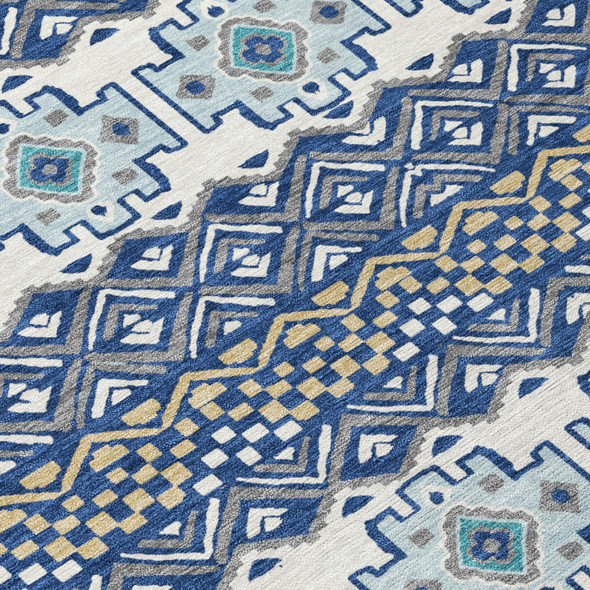 9' X 12' Blue And Gray Striped Washable Indoor Outdoor Area Rug