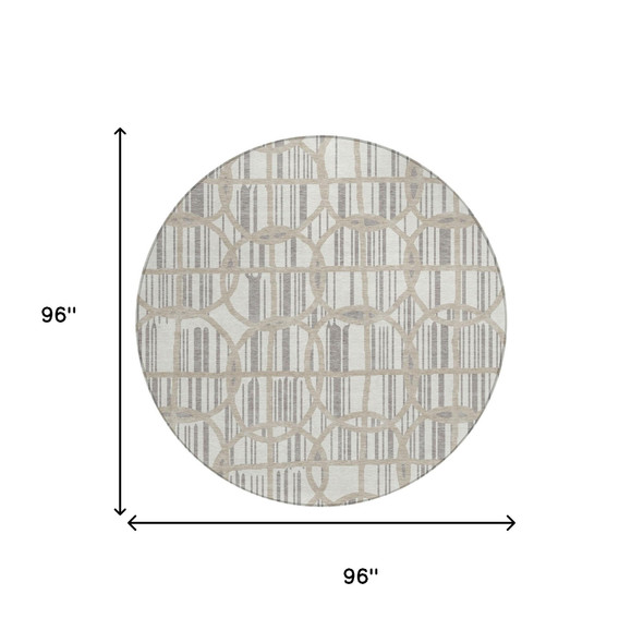 8' Ivory And Silver Round Geometric Washable Indoor Outdoor Area Rug
