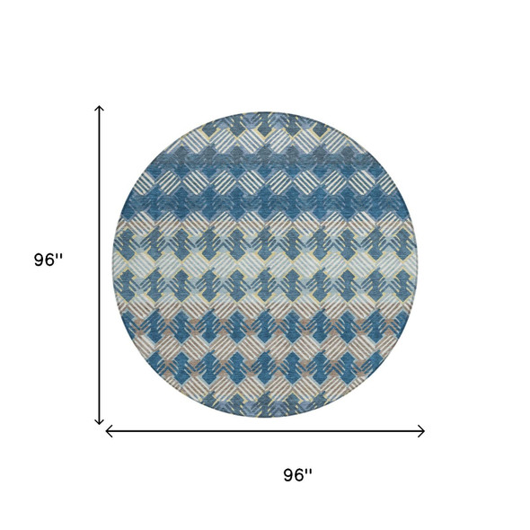 8' Denim Blue And Blue Round Striped Washable Indoor Outdoor Area Rug