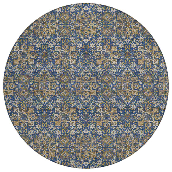 8' Navy Blue And Blue Round Damask Washable Indoor Outdoor Area Rug