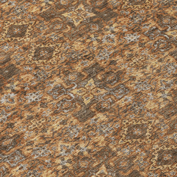3' X 5' Orange And Brown Damask Washable Indoor Outdoor Area Rug