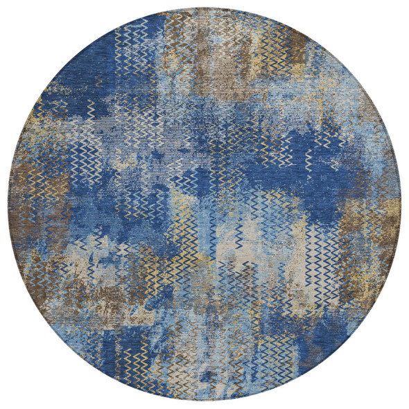 8' Navy Blue And Blue Round Abstract Washable Indoor Outdoor Area Rug