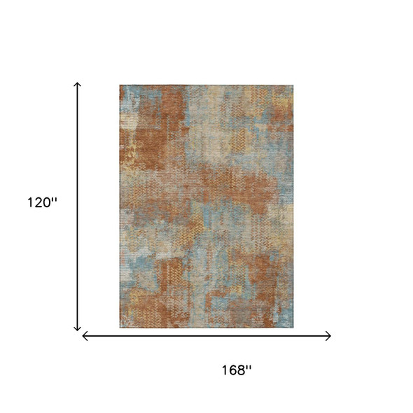 10' X 14' Orange And Rust Abstract Washable Indoor Outdoor Area Rug