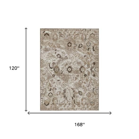 10' X 14' Beige And Brown Floral Washable Indoor Outdoor Area Rug