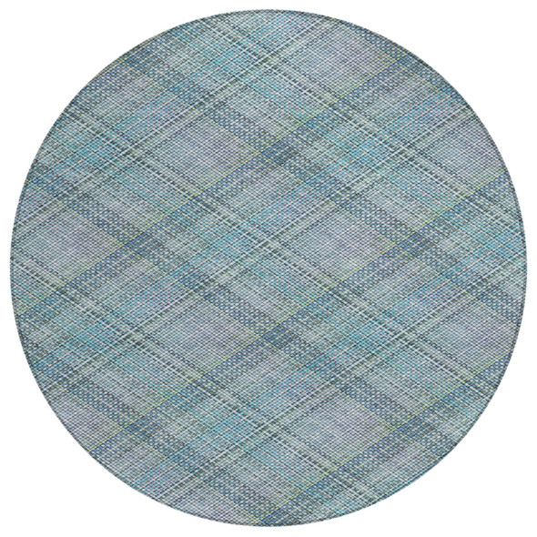 8' Sky Blue And Blue Round Plaid Washable Indoor Outdoor Area Rug