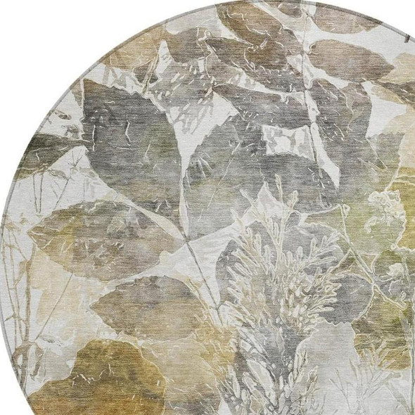 8' Brown And Silver Round Botanical Leaves Washable Indoor Outdoor Area Rug