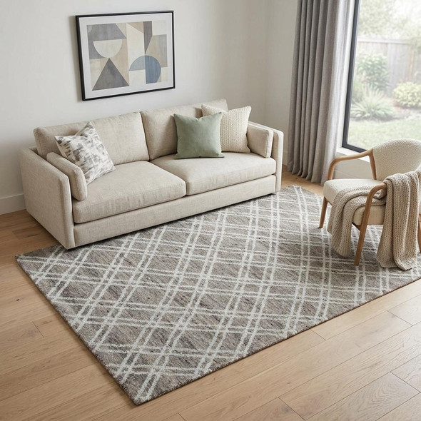 5' X 8' Tan And Ivory Wool Geometric Hand Tufted Area Rug