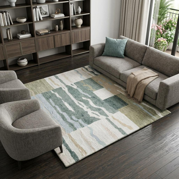 7' X 10' Beige And Natural Wool Abstract Hand Tufted Area Rug