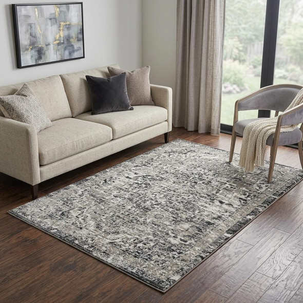 5' X 8' Gray Natural Tan Dark Gray Beige And Black Medallion Area Rug