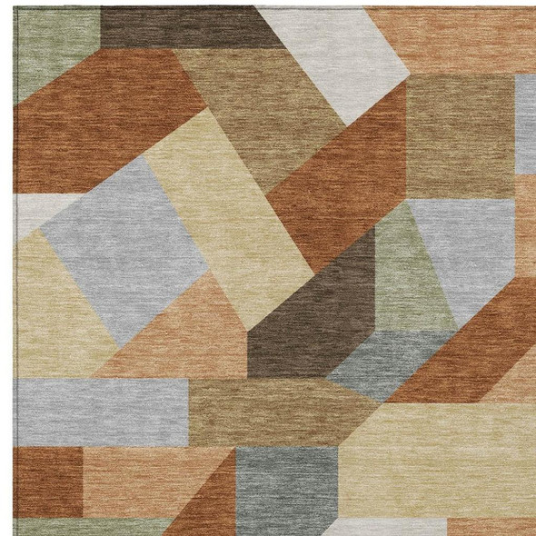 8' X 10' Orange And Silver Geometric Washable Indoor Outdoor Area Rug
