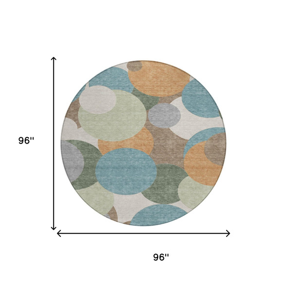 8' Teal Blue And Silver Round Geometric Washable Indoor Outdoor Area Rug
