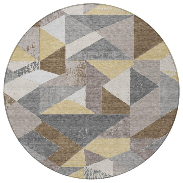 8' Brown And Silver Round Geometric Washable Indoor Outdoor Area Rug