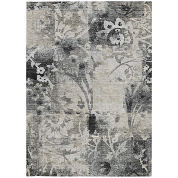 10' X 14' Black And Silver Botanical Leaves Washable Indoor Outdoor Area Rug