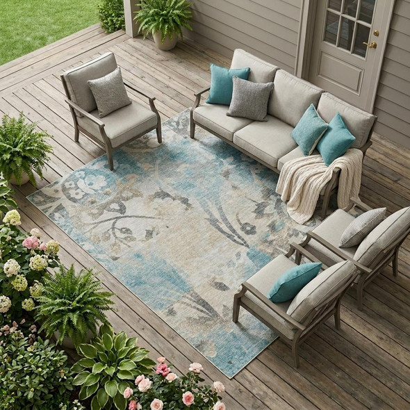 10' X 14' Teal Blue And Silver Botanical Leaves Washable Indoor Outdoor Area Rug